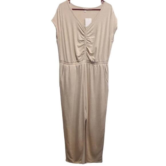 Stitch & Pine Cream Relaxed Loungewear Jumpsuit Heather Oatmeal Ruched Size XL - Picture 1 of 6